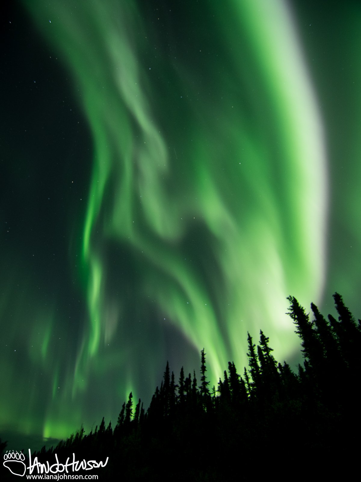 The aurora is punctuated by a intense white band.