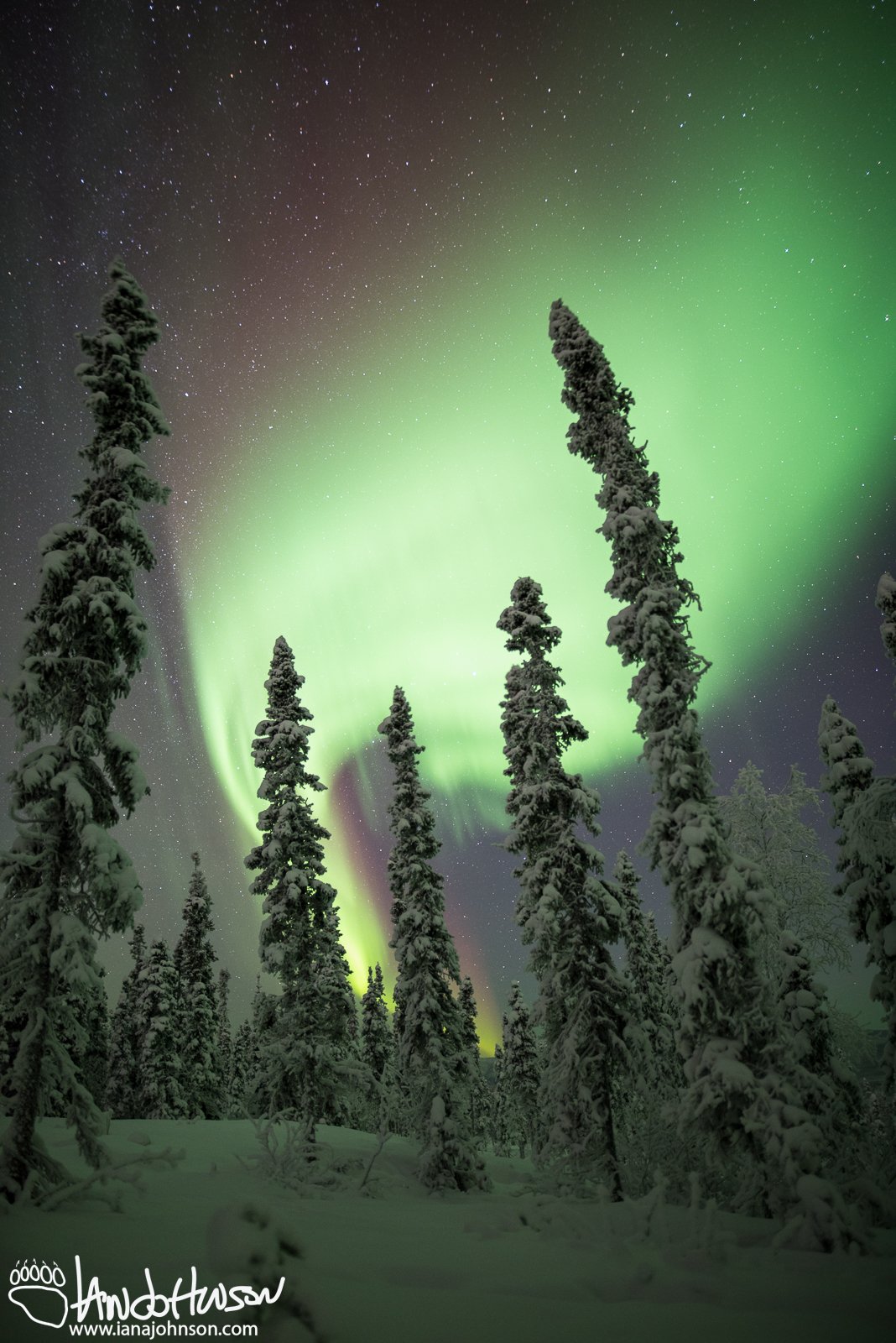 A powerful flare of aurora threatens to blow out this image. Such a beautiful scene!