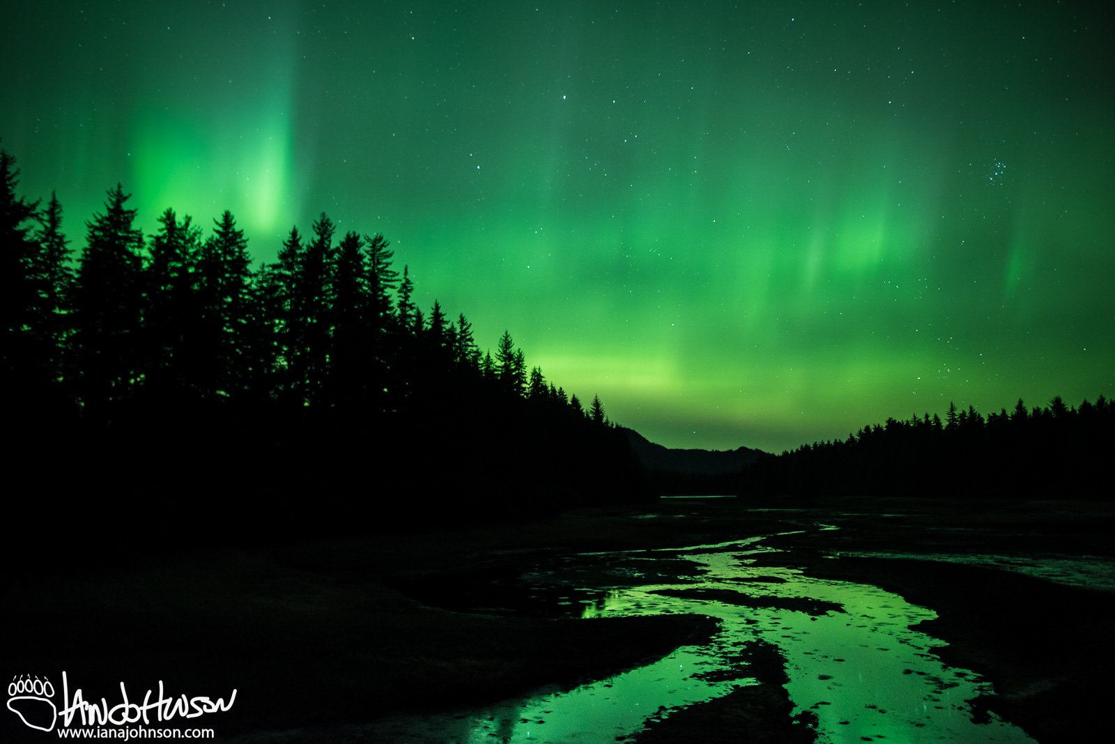 "The Emerald River" The aurora shines off a tidal river in Hoonah. Alaska.
