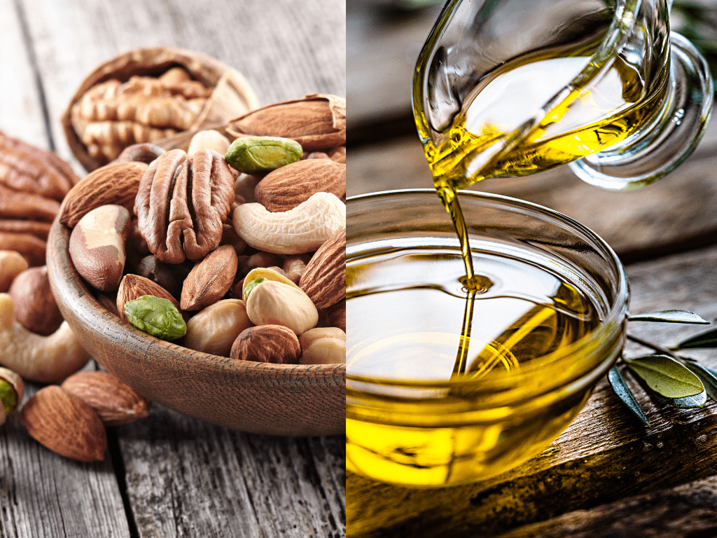 Dieta mediterránea: frutos secos y aceite de oliva virgen como grasas saludables.