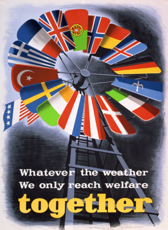 European Recovery Program poster of a sailing ship rigged with the flags of Western European nations