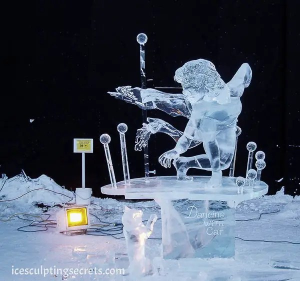 "Dancing with Cat" ice sculpture at the 2004 World Ice Art Championships by Vitaly Lednev and Vladimir Zhikhartsev