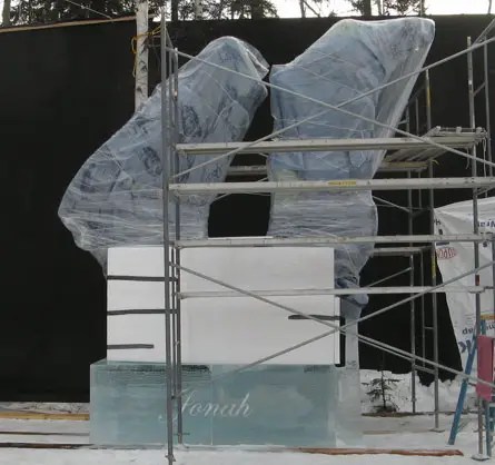 a large ice sculpture, "Jonah," wrapped up at the 2005 World Ice Art Championships because of unusually high temperatures