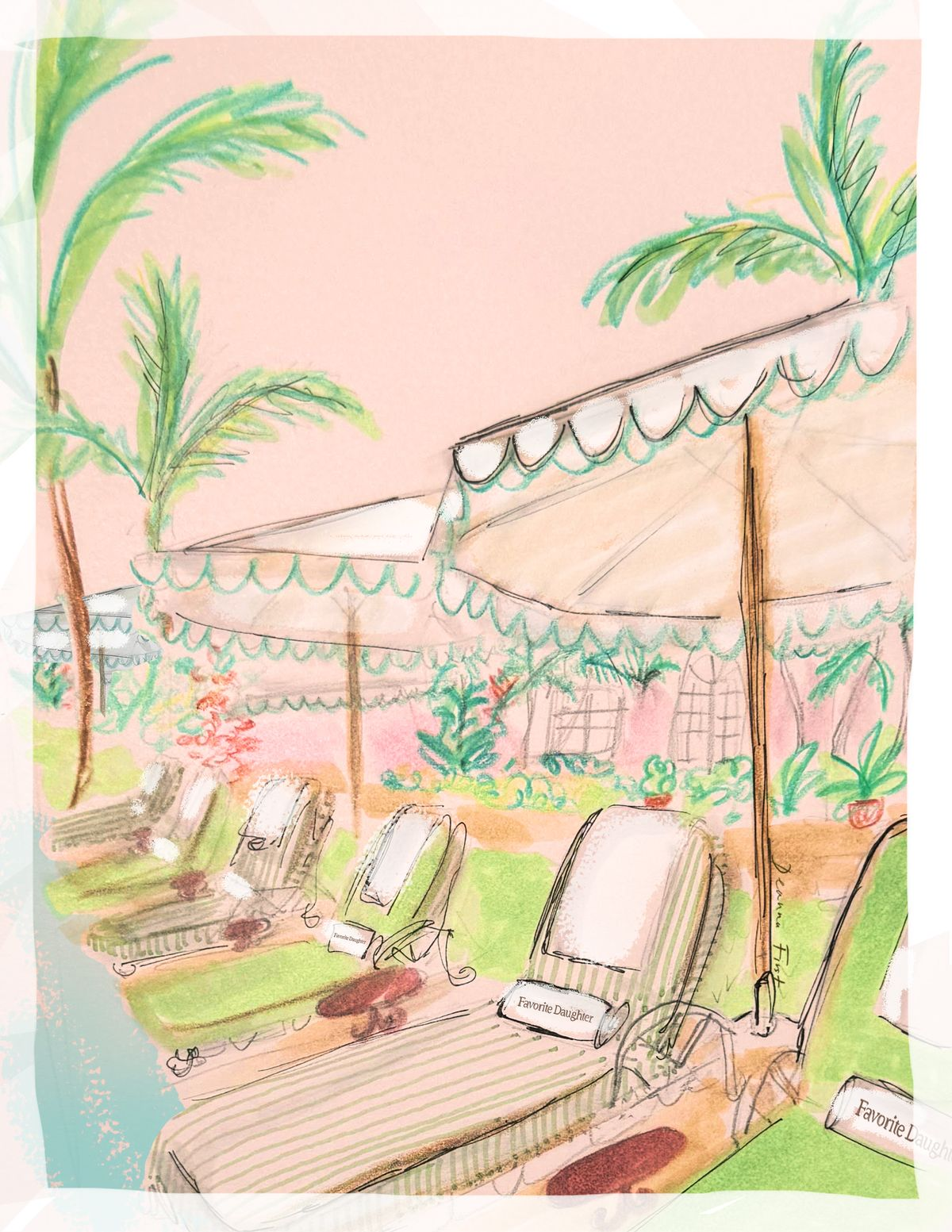 Watercolor illustration of scalloped umbrellas and striped loungers beside a pool