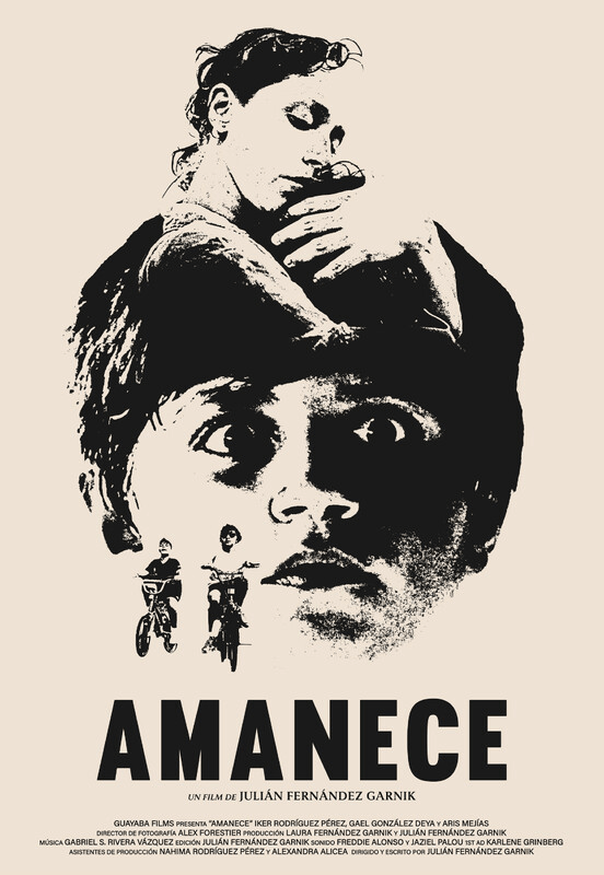 Official poster for Amanece, a high-contrast black-and-white illustration of a woman holding a child above a boy's face and two children on bicycles.