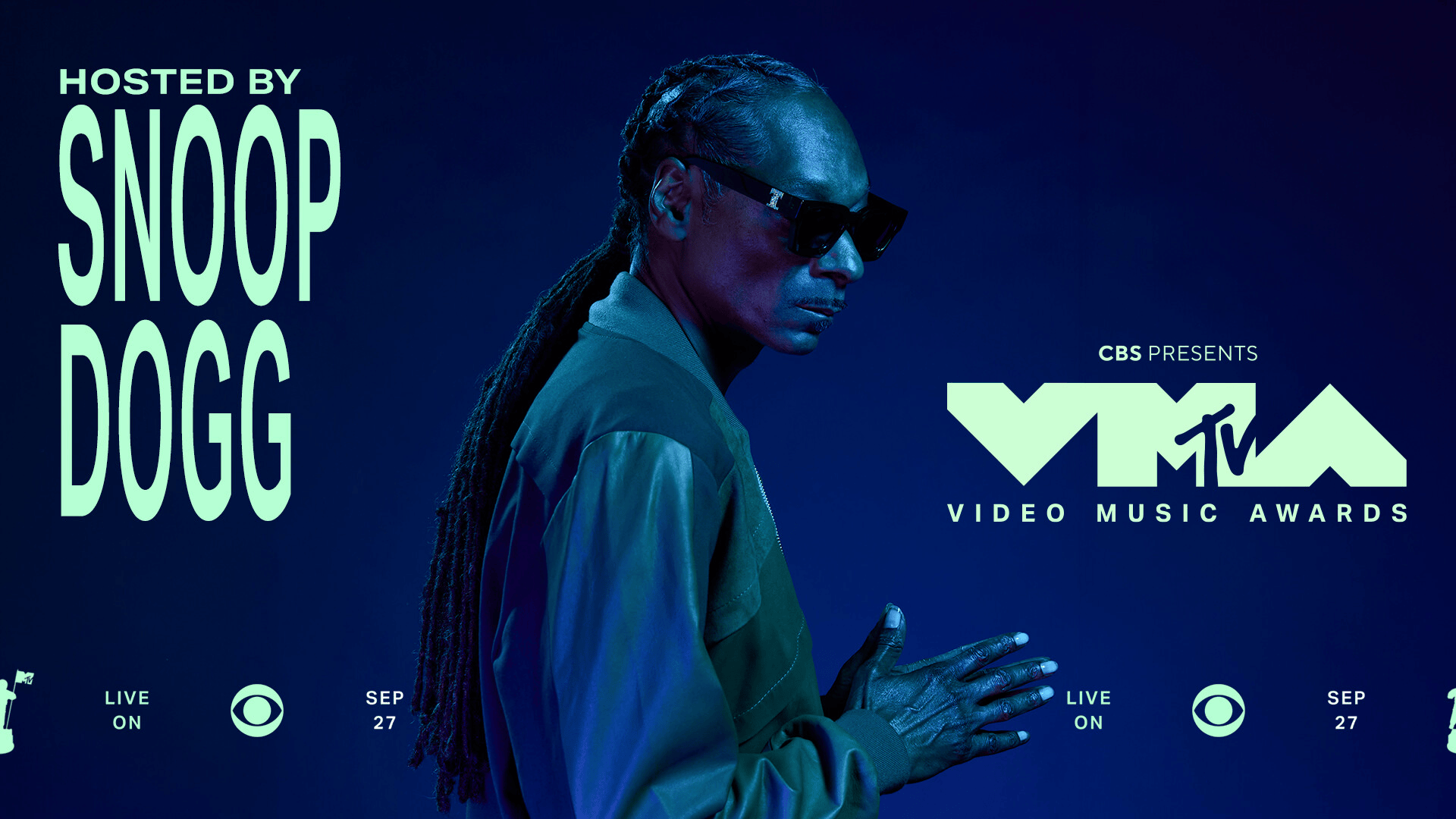 Horizontal blue-toned promotional image of Snoop Dogg with the 2026 MTV Video Music Awards logo and CBS broadcast details.
