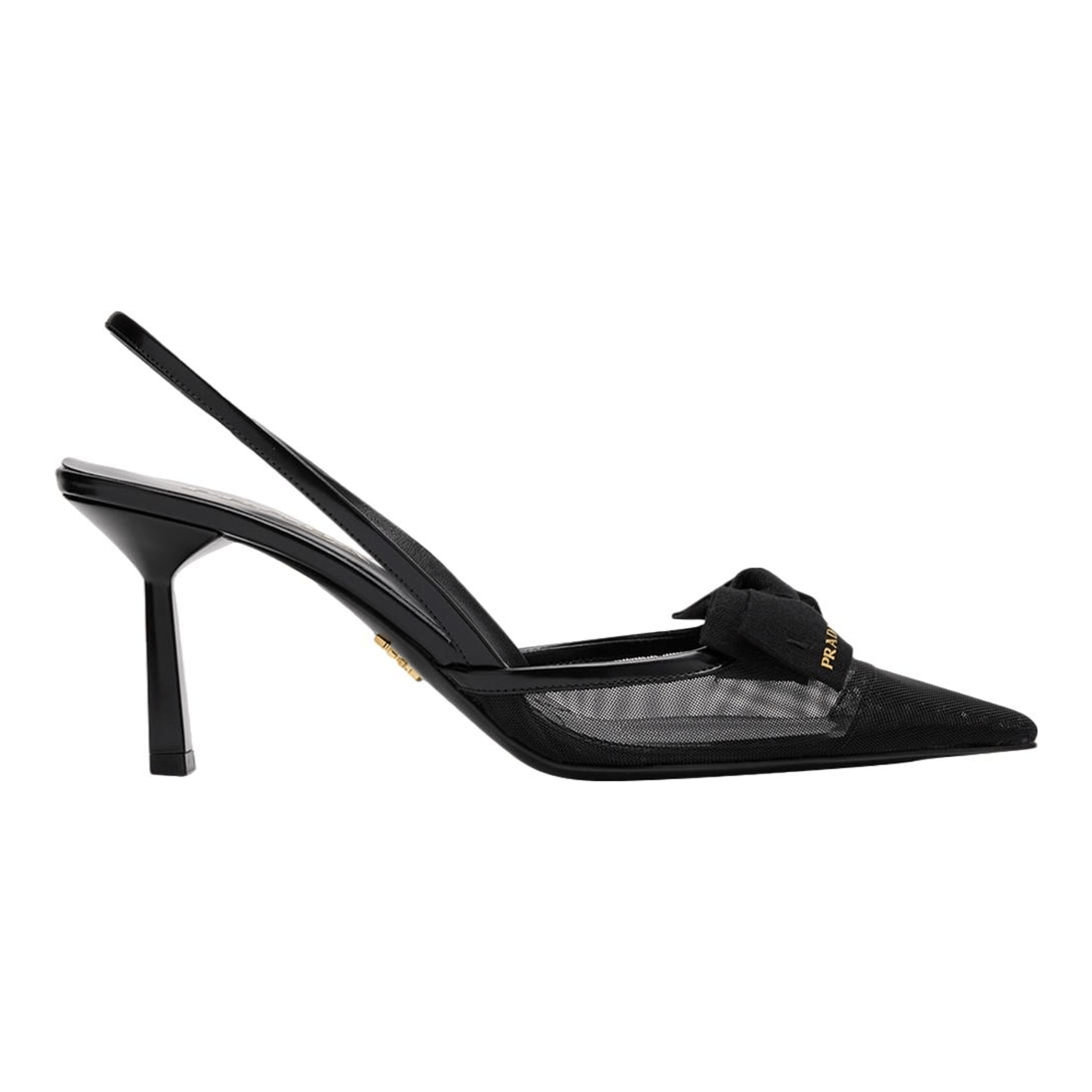Prada 75mm Modellerie bow mesh slingback pump in black with a pointed toe.