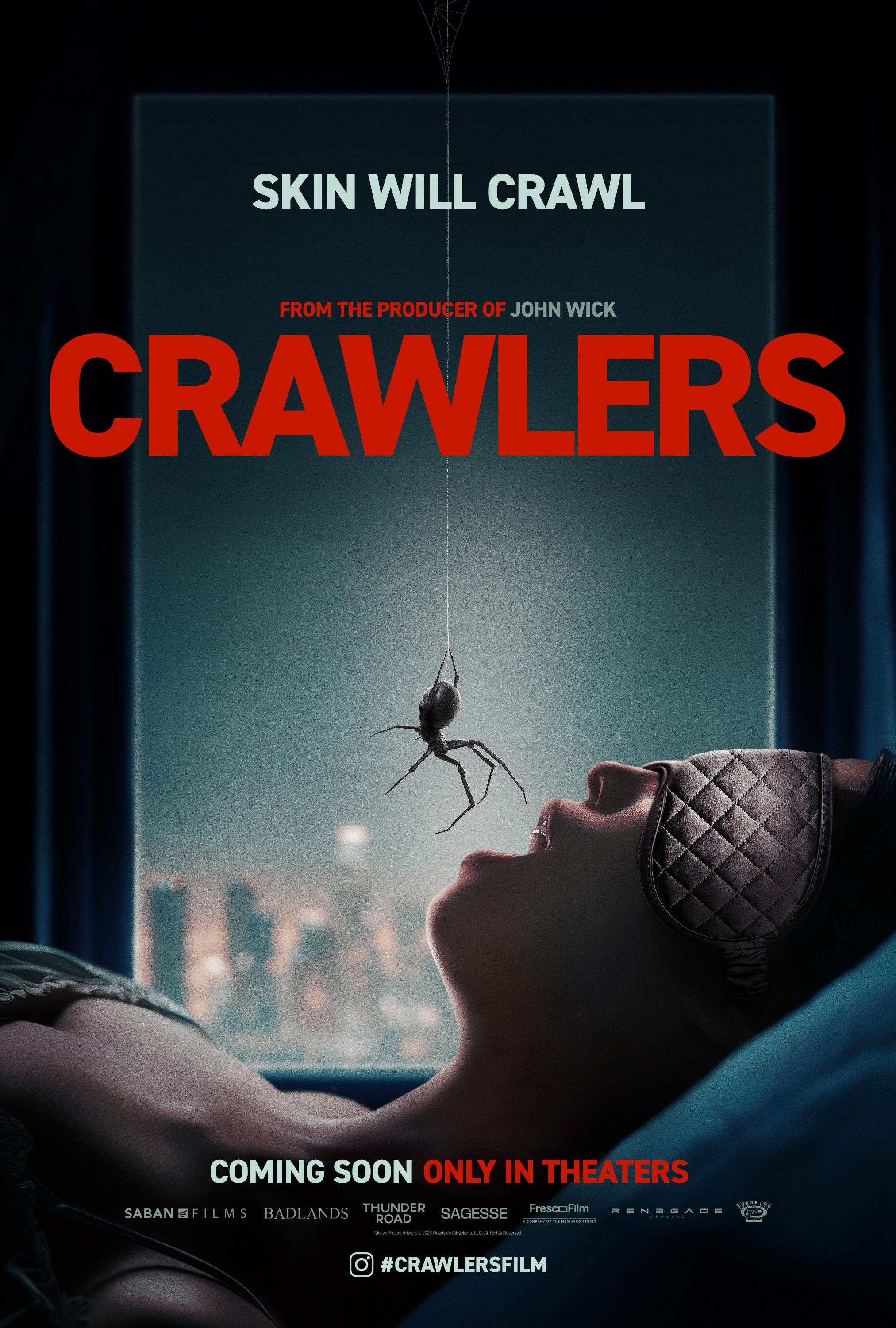 Official poster for Crawlers: a spider dangles on a thread above a woman sleeping in an eye mask, with a city skyline behind her and the tagline "Skin will crawl."