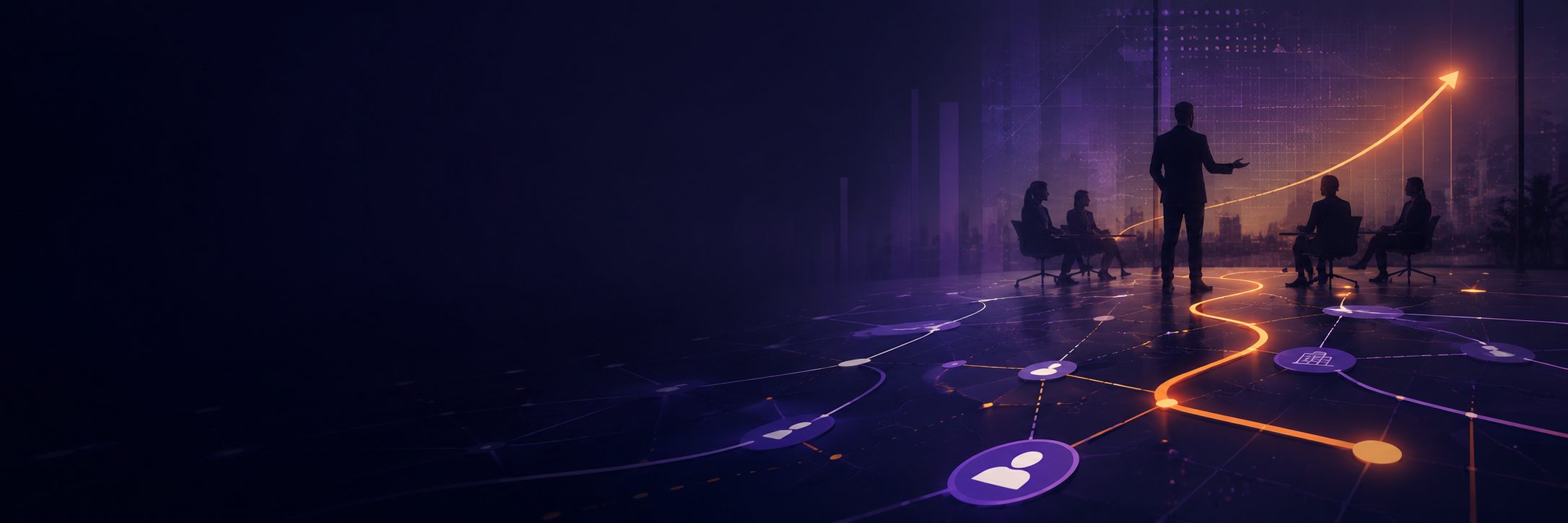 Abstract executive sales strategy visual with connected decision points, upward momentum, and mentor-led business planning for Iconic Selling.