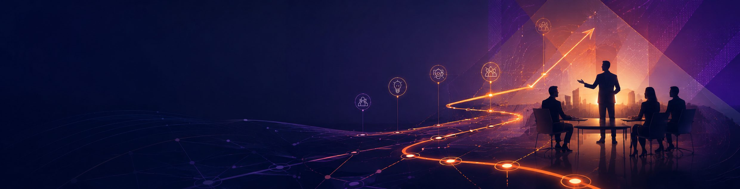 Abstract B2B sales strategy blog header with executive silhouettes, connected decision points, glowing strategic pathways, and modern buyer-seller alignment visuals in deep indigo, purple, navy, and orange.