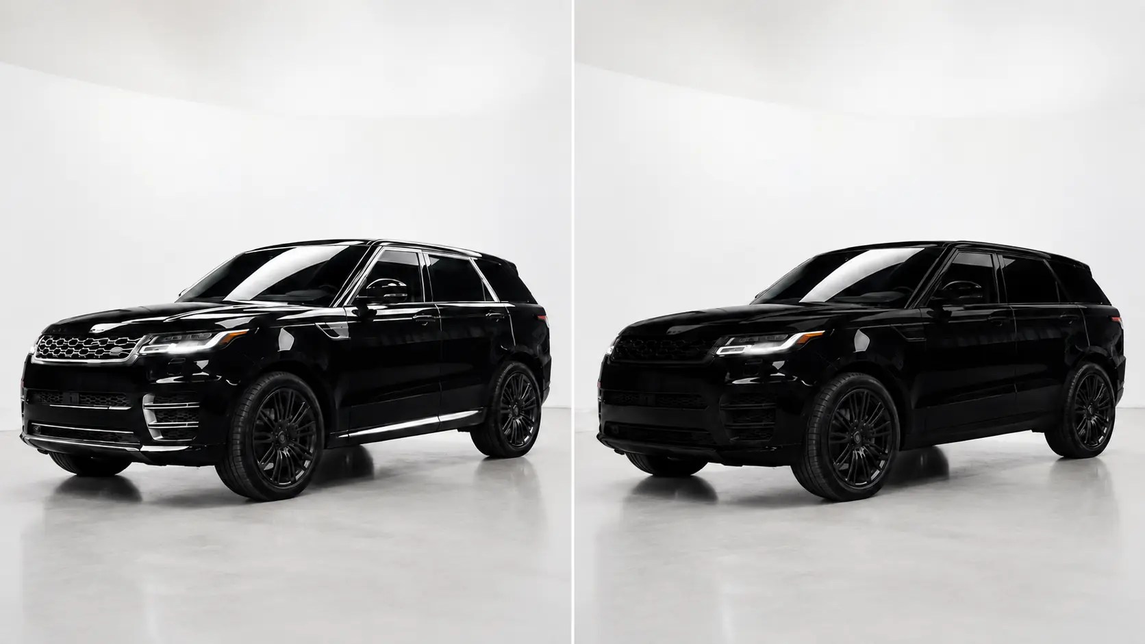 Before and after of a black luxury SUV with factory chrome trim and a satin-black chrome delete