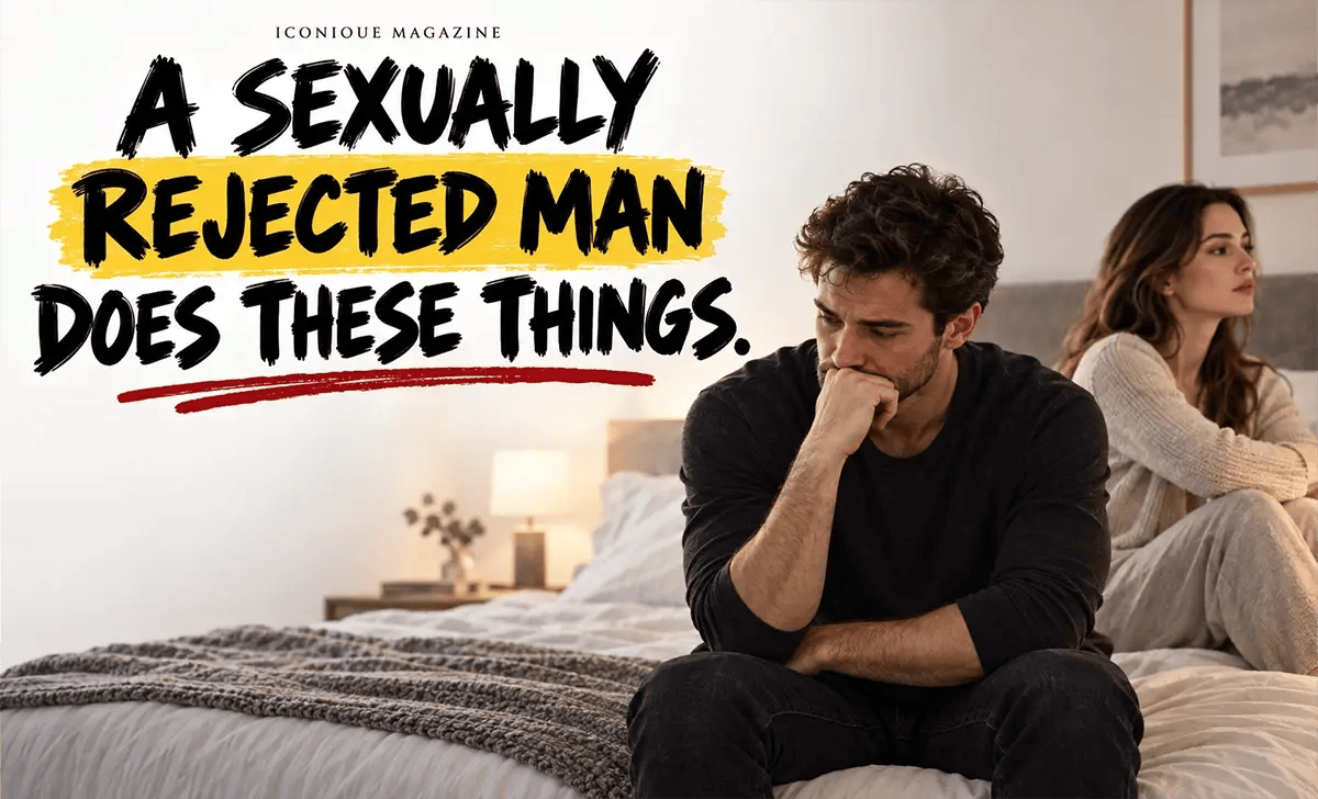 A couple sits apart in bed at night, each appearing troubled after a difficult moment.