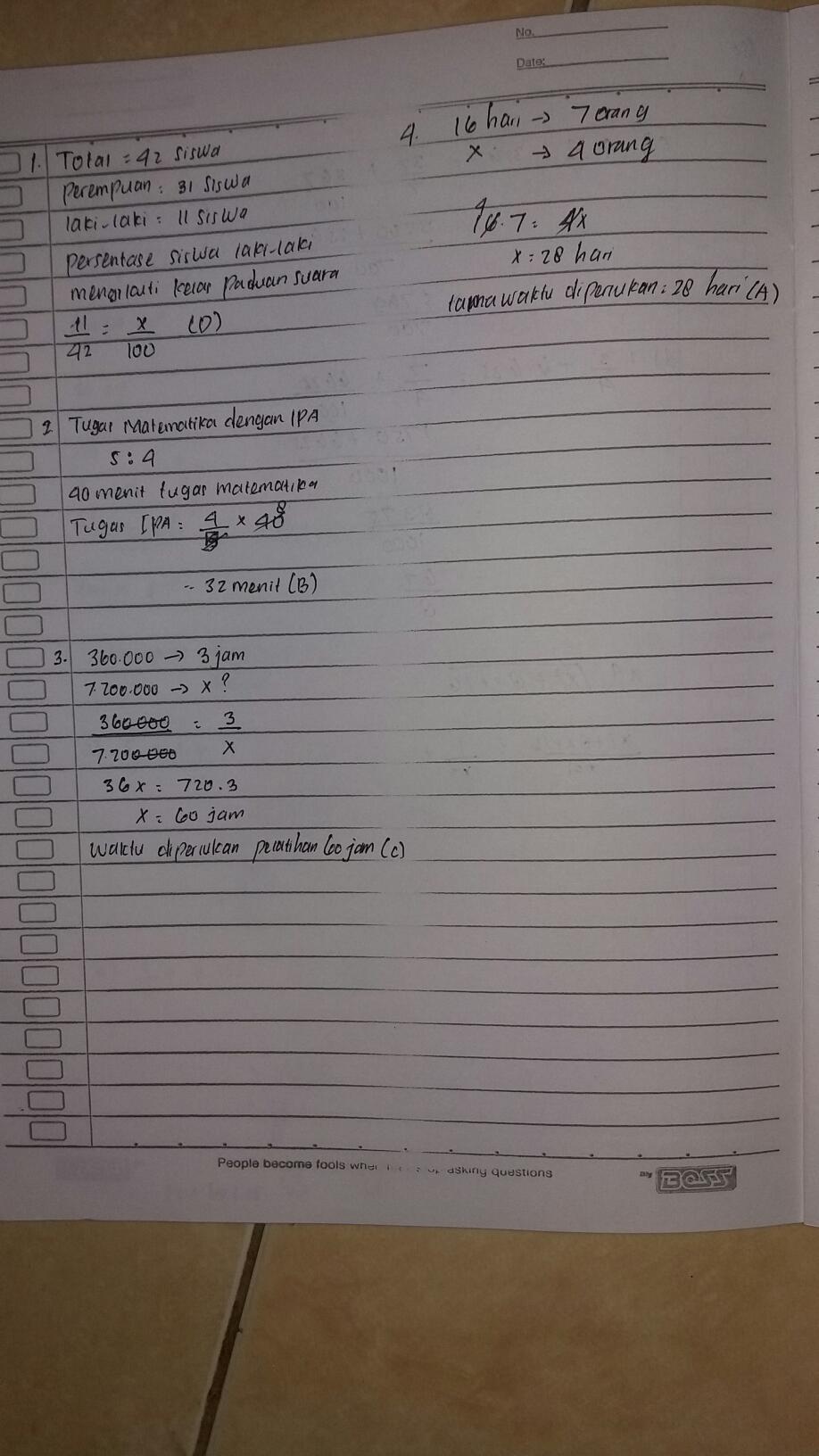 Jika dia meluangkan 40 menit untuk menyelesaikan tugas matematika, maka waktu yang dia luangkan untuk menyelesaikan tugas ipa adalah. 1 Terdapat 42 Siswa Yg Mengikuti Kelas Panduan Suara 31 Siswa Yg Mengikuti Kelas Panduan Suara Brainly Co Id
