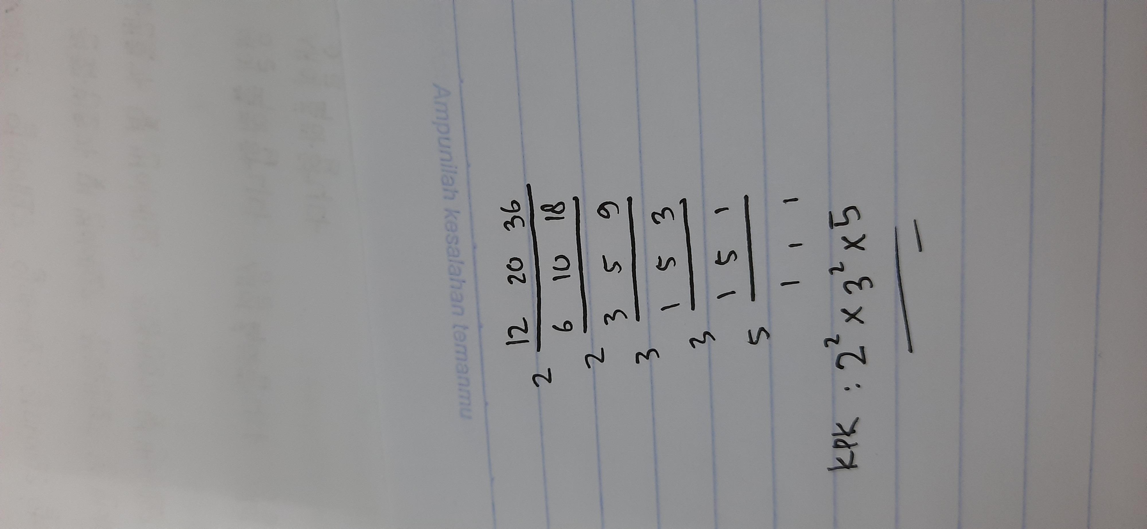 90 = 2 x 3 x 3 x 5 = 2 x 32 x5. kelipatan persekutuan terkecil (kpk) dari 12,20 dan 36 ...