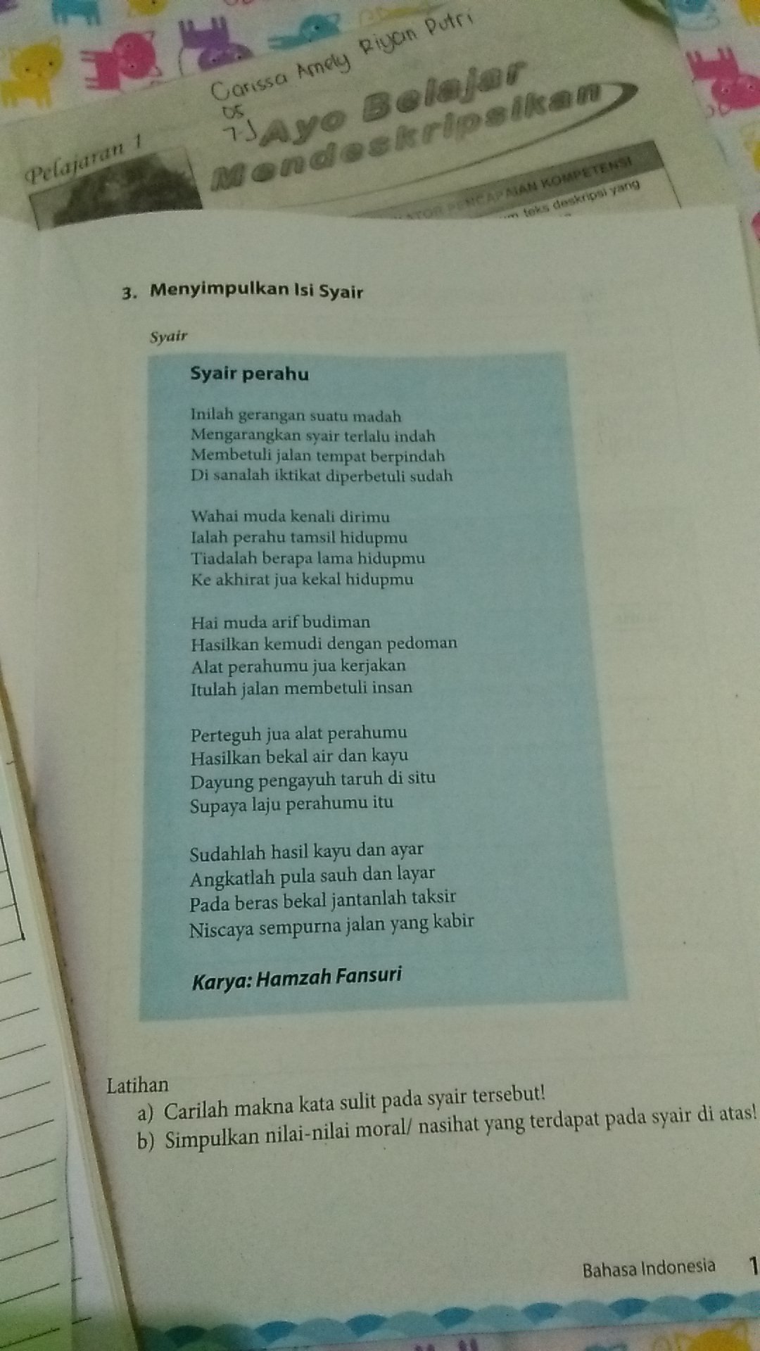 Contoh Syair Perahu Masnurul Nilai Moral dan Nasihat dari Syair Perahu karya Hamzah Fansuri.