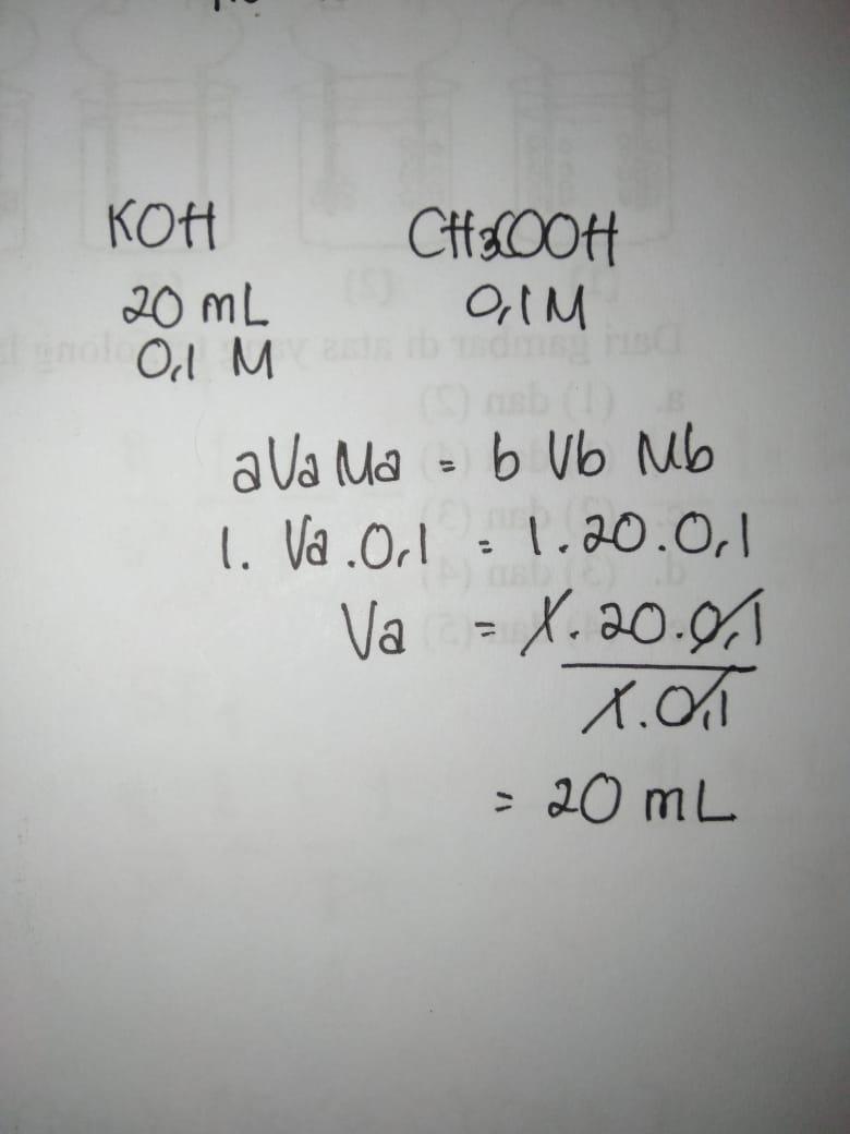 20 ml larutan KOH 0,1 M ditetesi dengan larutan CH3COOH 0,1 M , berpa ml  larutan CH3COOH yang - Brainly.co.id