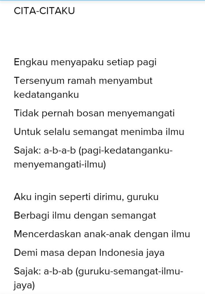 Buatlah sebuah karya puisi yang bertema tentang cita citaku minimal 2 bait. 10 Buatlah Sebuah Puisi Bertema Cita Citadengan Rima A B B A Tolong Cepat Jawab Besok Mau Brainly Co Id