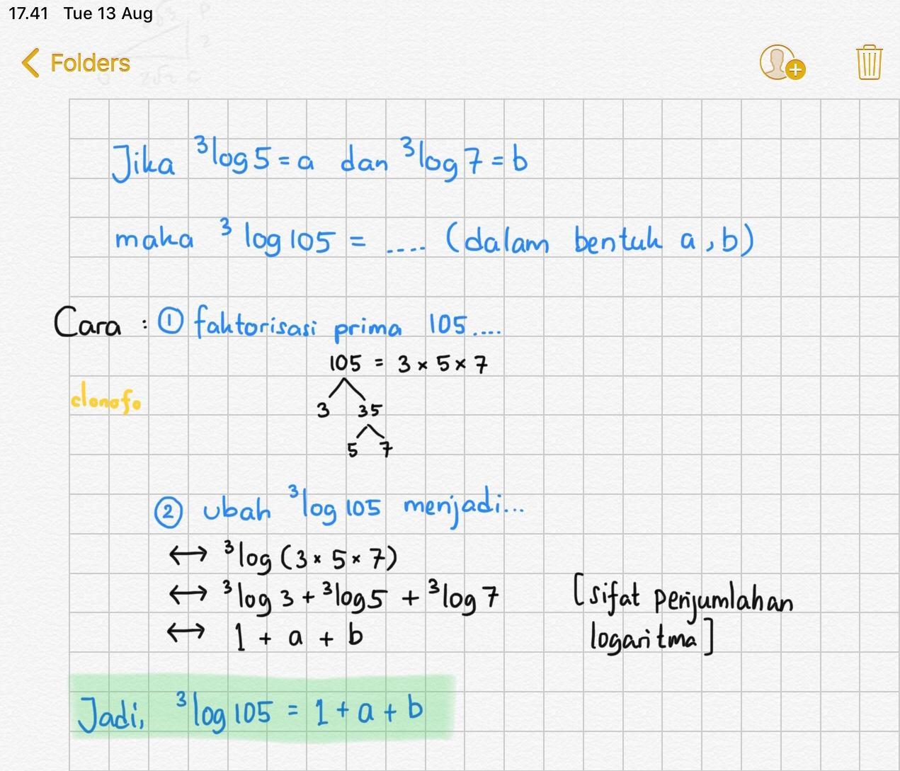 Diketahui ³log 5=a dan ³ log 7=bTentukan nilai ³ log 105 - Brainly.co.id