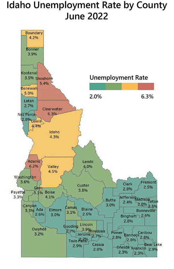 Idaho map-unemployment rates by county