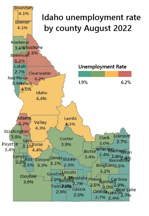 Idaho map with county unemployment rates for August 2022