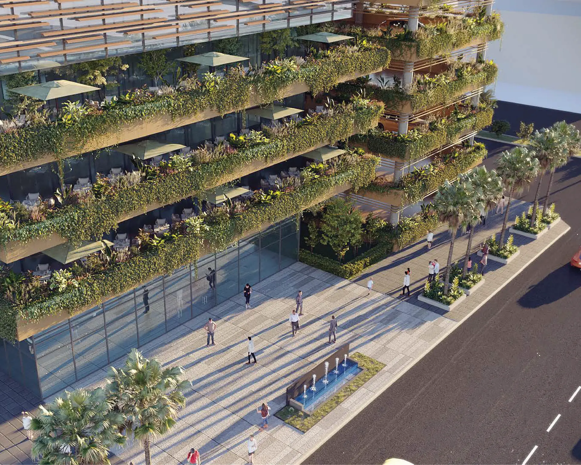 Al Jasser office tower with sustainable green facades, modern architecture, and landscaped public spaces in Riyadh.
