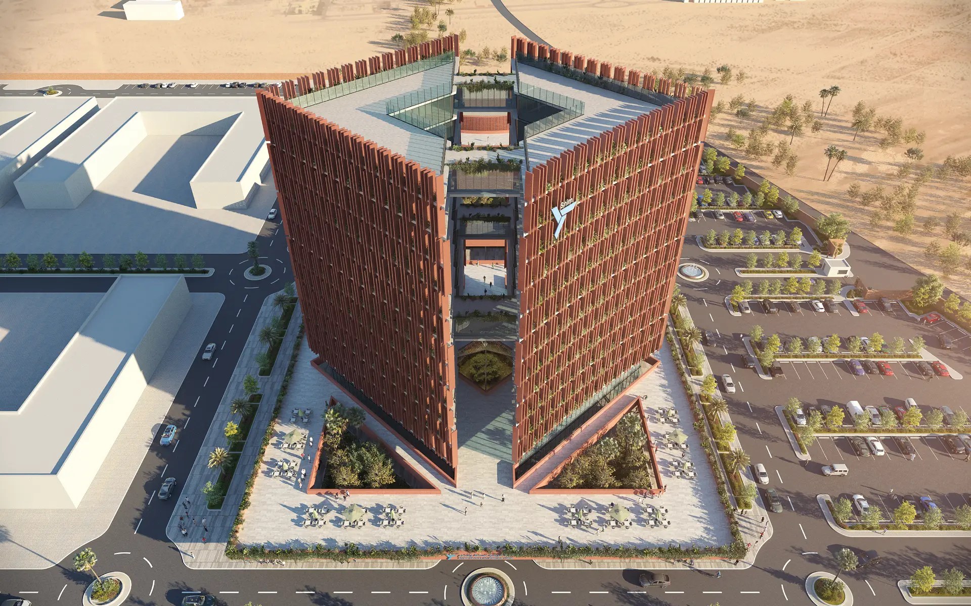 Mauritania Cultural Complex with bold red facades, open terraces, and cultural plaza spaces.