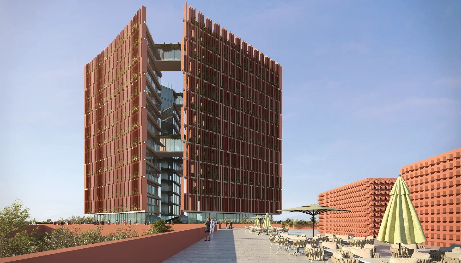Aerial view of Mauritania Cultural Complex highlighting central void, terraces, and landscaped surroundings.