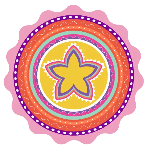 Bright, multi-colored mandala/pinwheel shape.