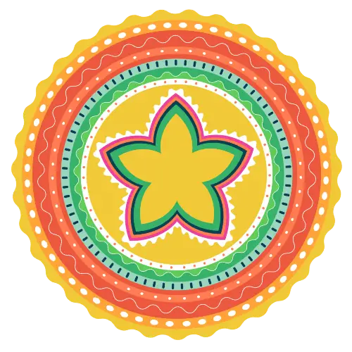 Bright, multi-colored mandala/pinwheel shape.