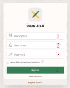 Imagen de página de ingreso a instancia APEX