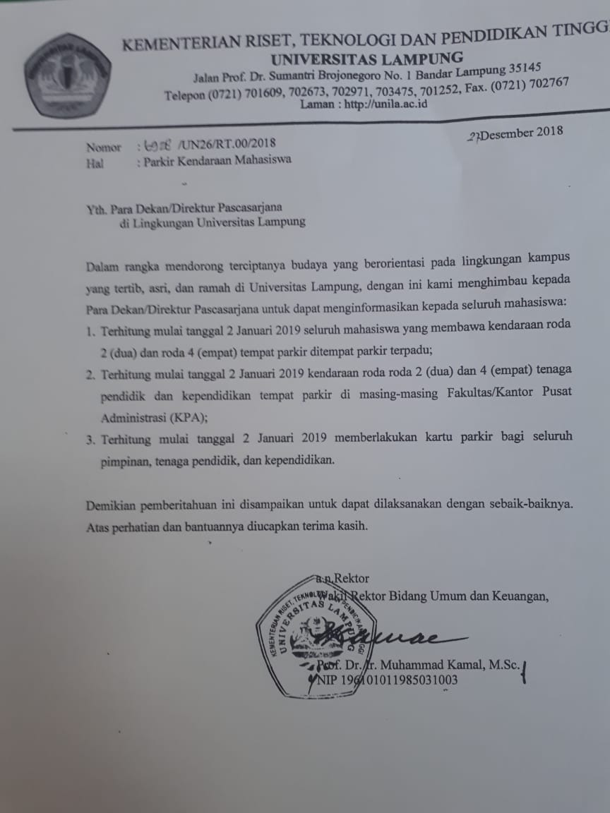 2013 untuk kendaraan roda 4 (empat) dan roda 2 (dua) akan diberlakukan tarif parkir kecuali yang memiliki sticker parkir. Pemberitahuan Parkir Kendaraan Mahasiswa Dan Pemberlakukan Kartu Parkir Rfid Di Lingkungan Unila Teknik Informatika Universitas Lampung