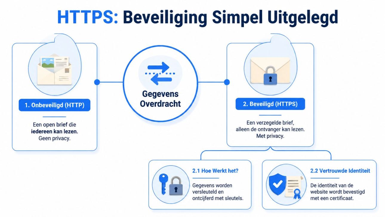Een infographic die het verschil uitlegt tussen onbeveiligde HTTP en beveiligde HTTPS met behulp van visuele voorbeelden.