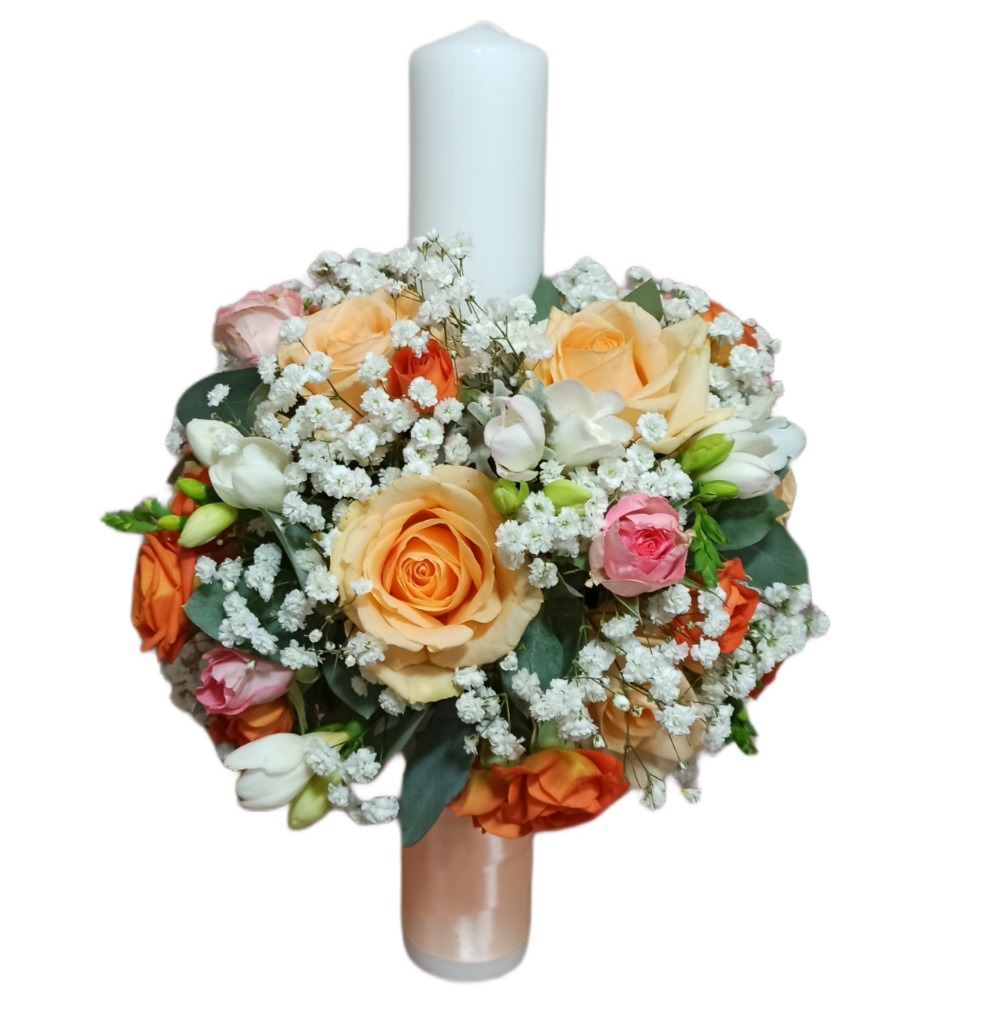 Lumanari nunta scurte trandafiri frezii gypsophila