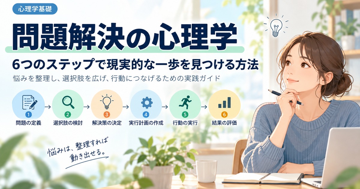 問題解決法の6つのステップを解説するイラスト