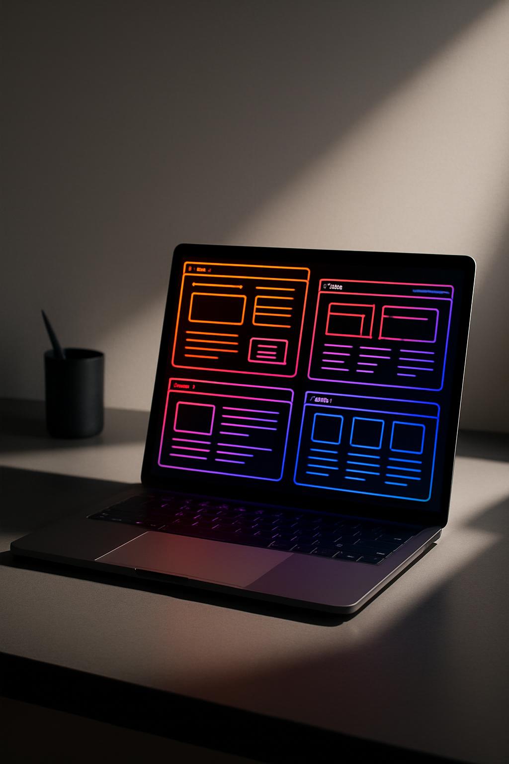 A laptop with a mock user interface on its display is positioned on a desk.