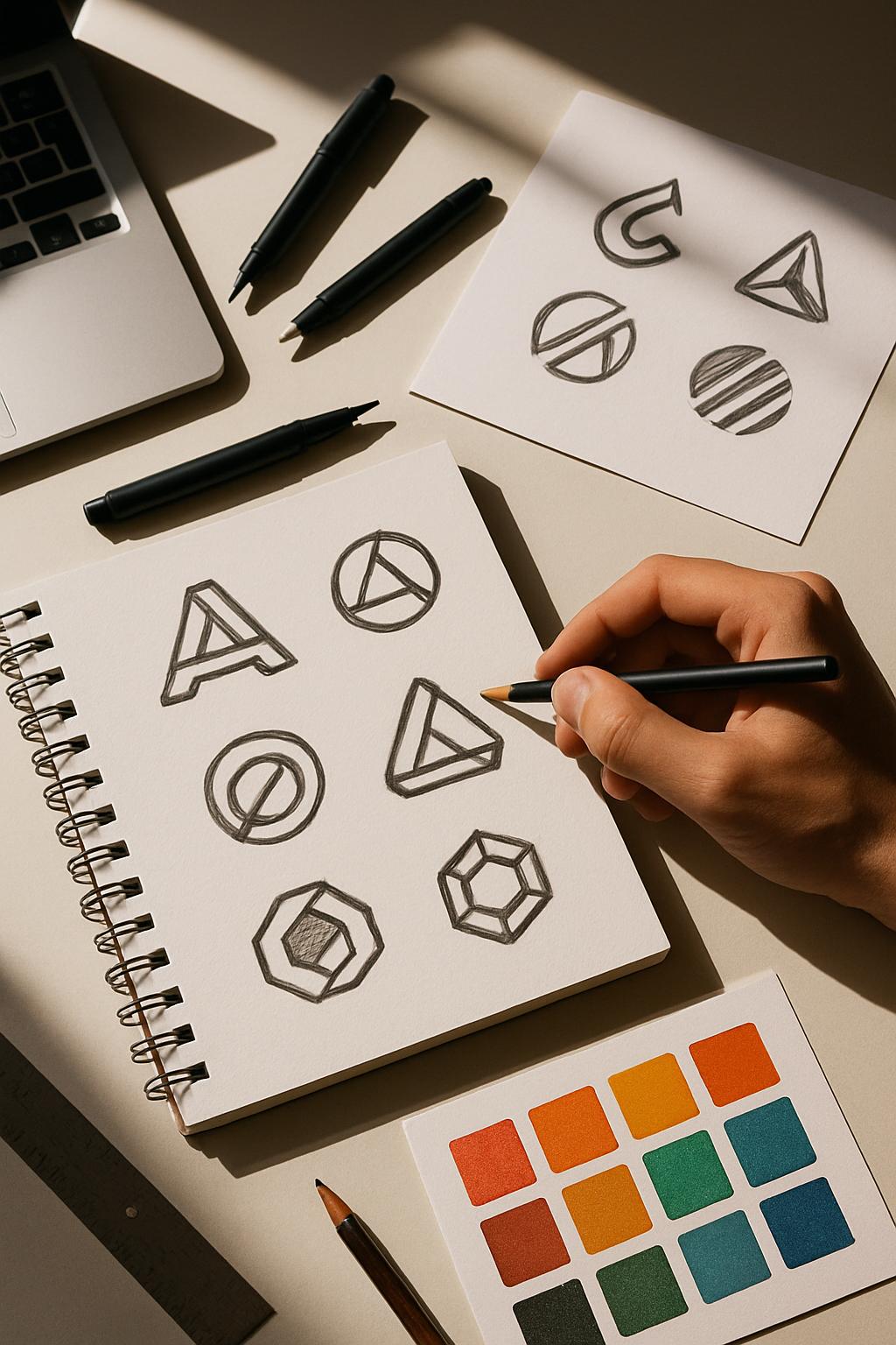 A person's hands holding a pencil, sketching geometric shapes in a notebook with a laptop on the side.