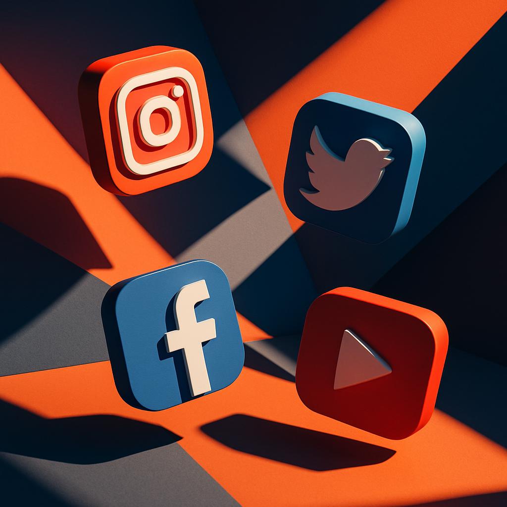 The image features a collection of social media icons including Instagram, Twitter, Facebook, and YouTube.