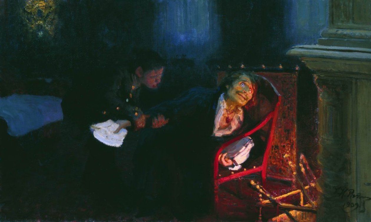 Ilia Repin, „Gogoli sjîgaiet rukopisi vtoroi ceasti 'Mertvîh duș'” [„Gogol arde manuscrisul părții a doua din 'Suflete moarte'”] (1908), ulei pe pânză, 81 x 134,5 cm, Galeria de Stat Tretiakov, Moscova.