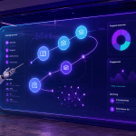 AI robot presenting a futuristic eLearning dashboard with learner pathways, progress charts, engagement data and personalised learning insights.