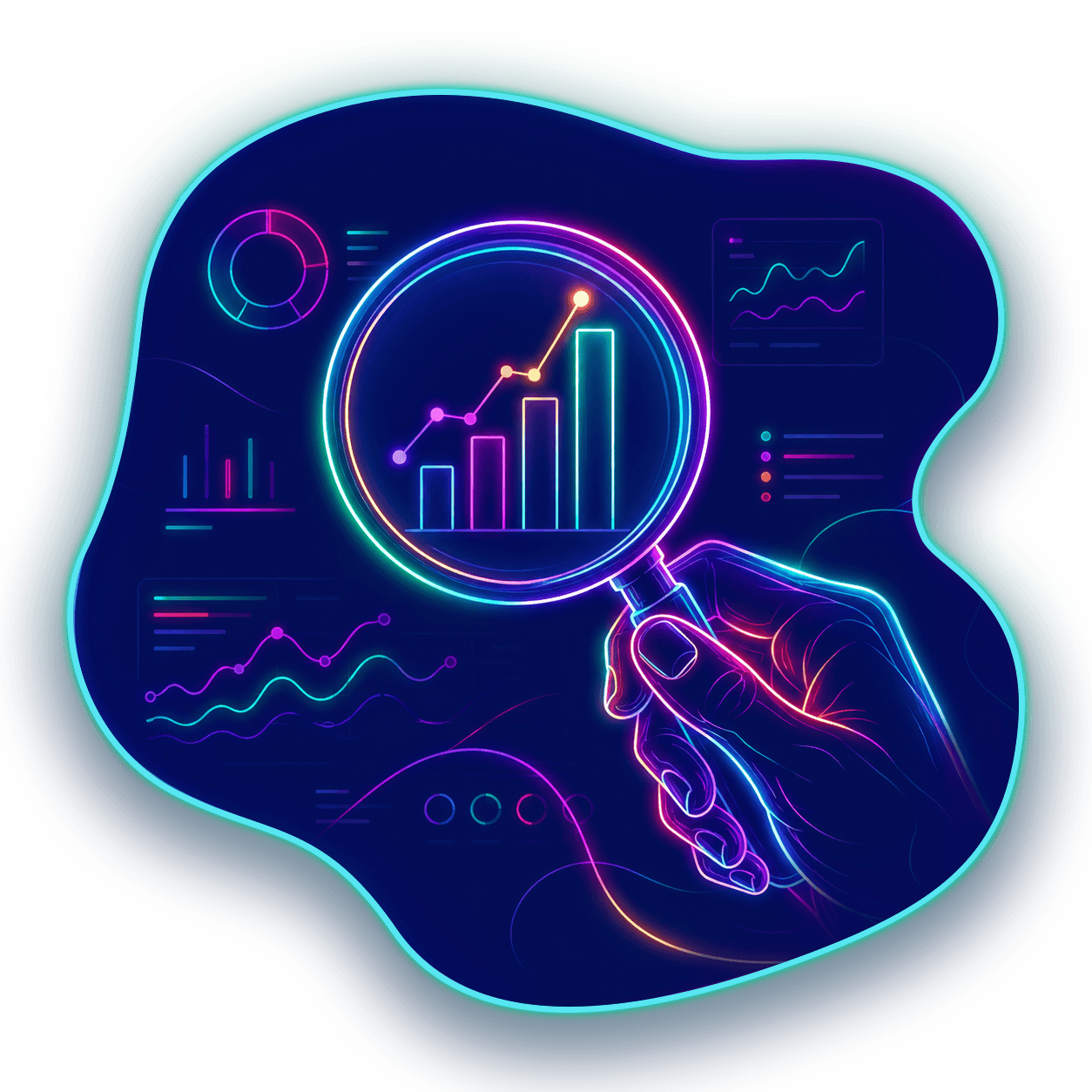 A neon digital line-art illustration of a hand holding a magnifying glass over graphs and data, symbolizing search and generative engine optimisation