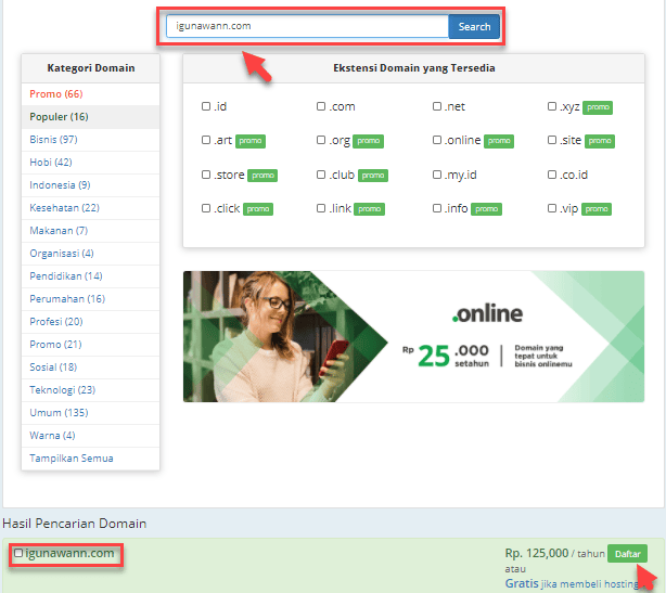 Pilih nama domain
