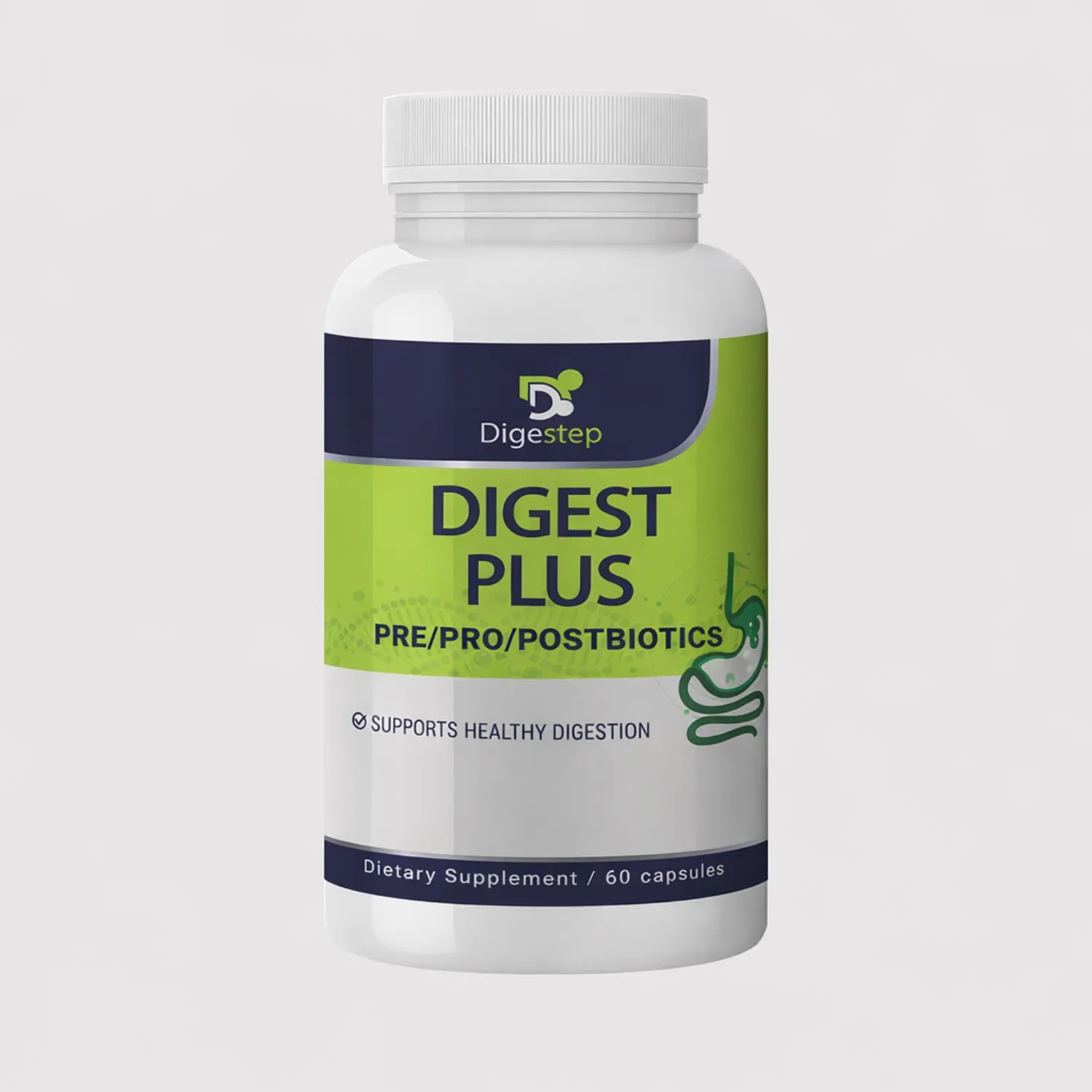 front view bottle render of digest plus 60 capsules