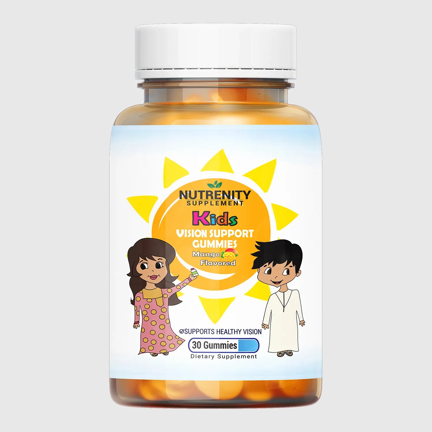 front view bottle render of vision support kids 30 gummies
