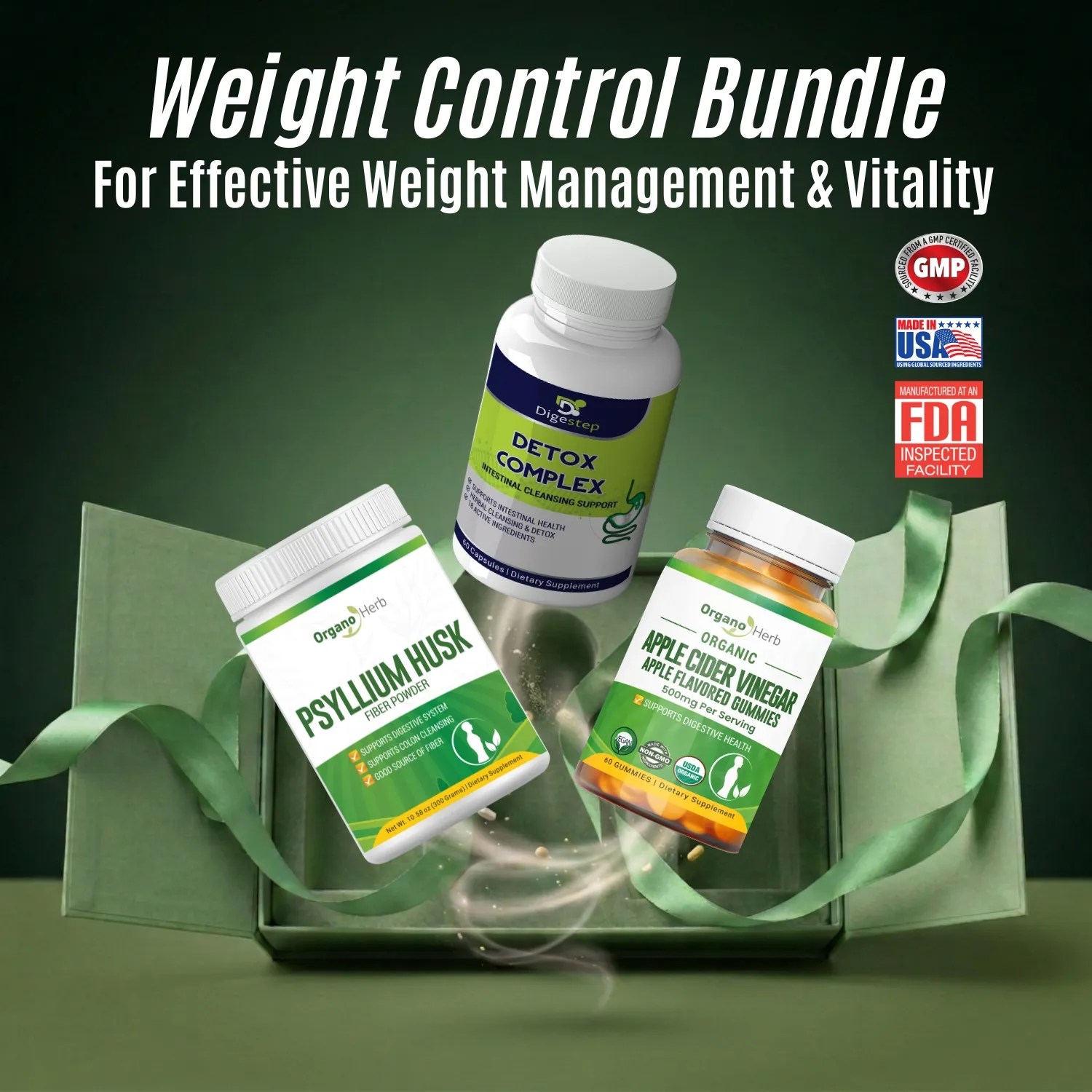 Weight Control 50% Discount Package image with Detox Complex, Organic Apple Cider Vinegar Gummies and Psyllium Husk bottles