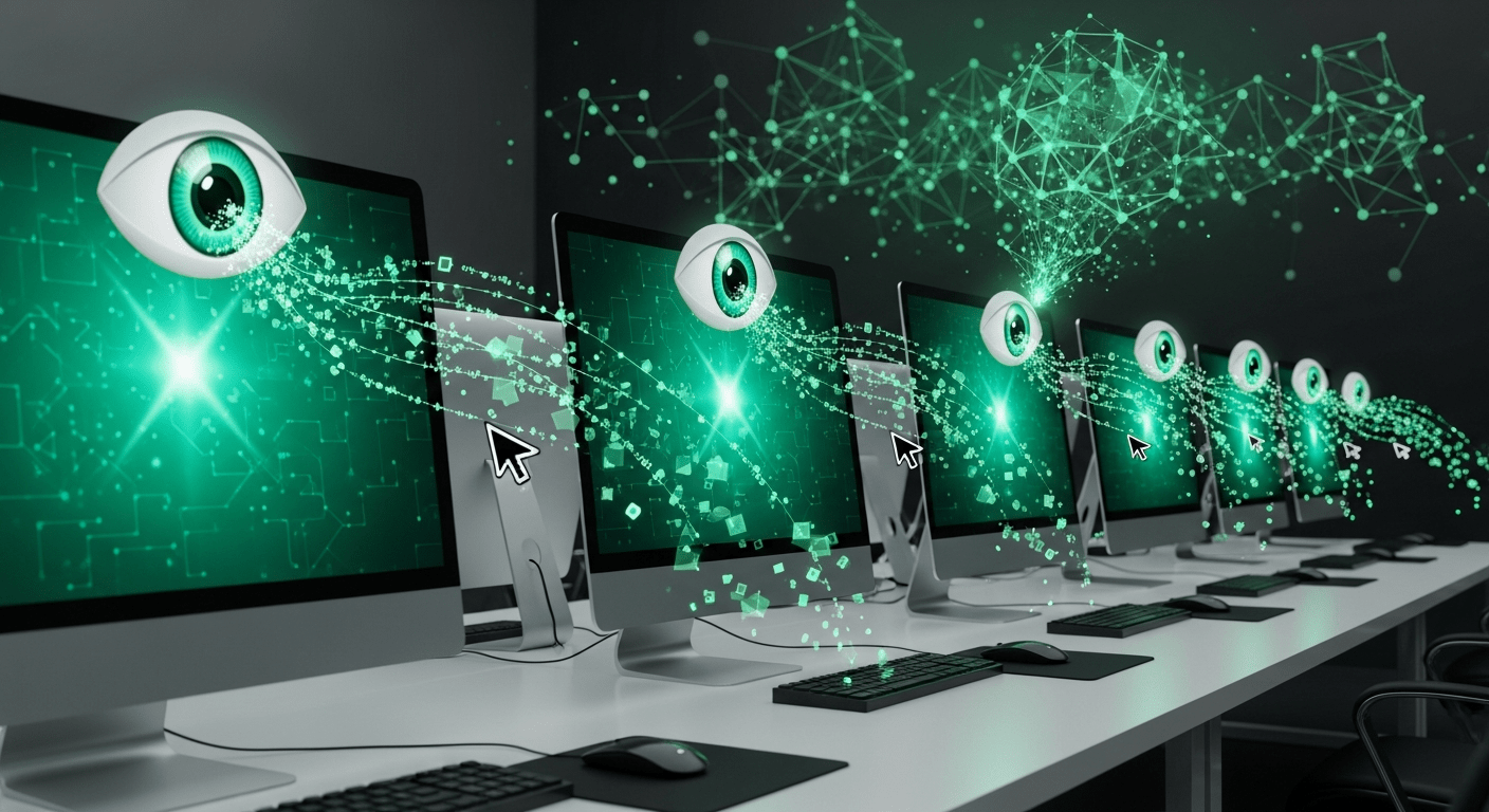 Corporate surveillance and AI training data concept with emerald green theme