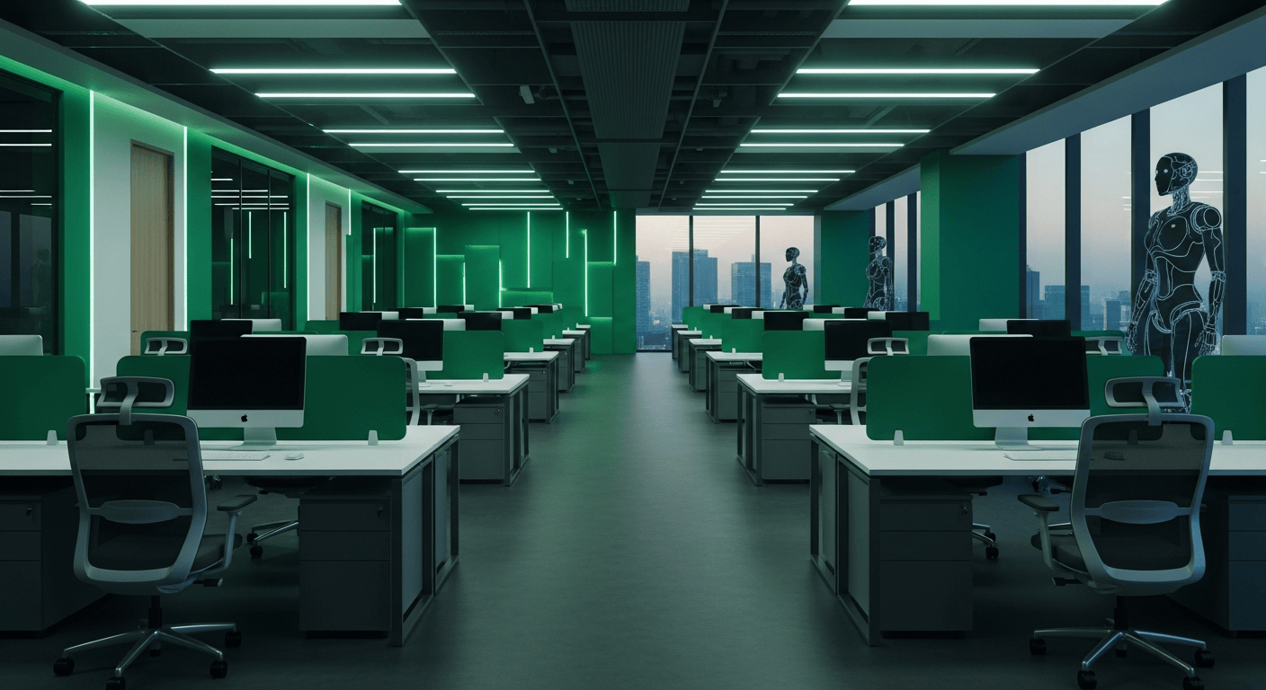 Empty corporate office desks symbolizing AI-driven tech layoffs in 2026