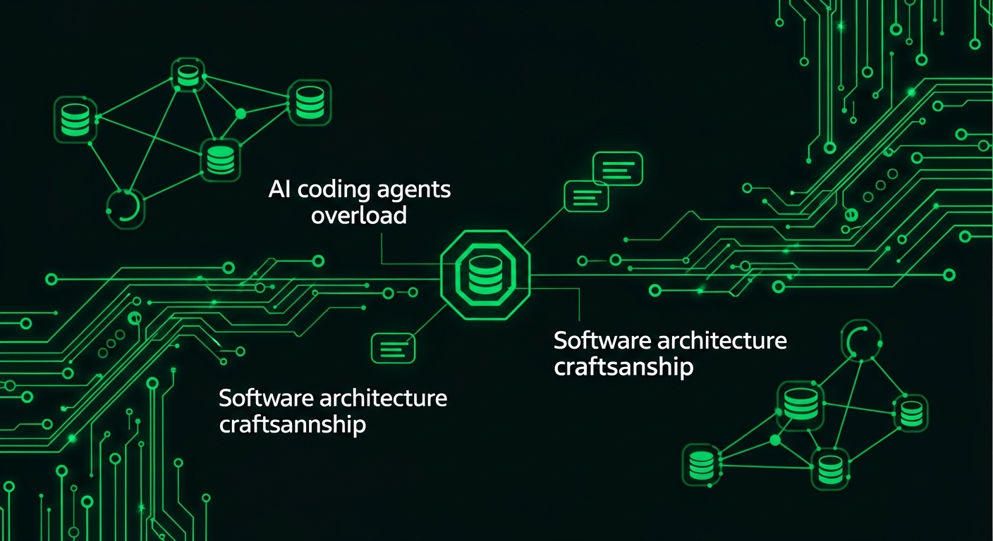 AI 코딩 에이전트, 소프트웨어 아키텍처, Rust 백엔드 DB 라이브러리를 상징하는 다크 그린 회로 일러스트