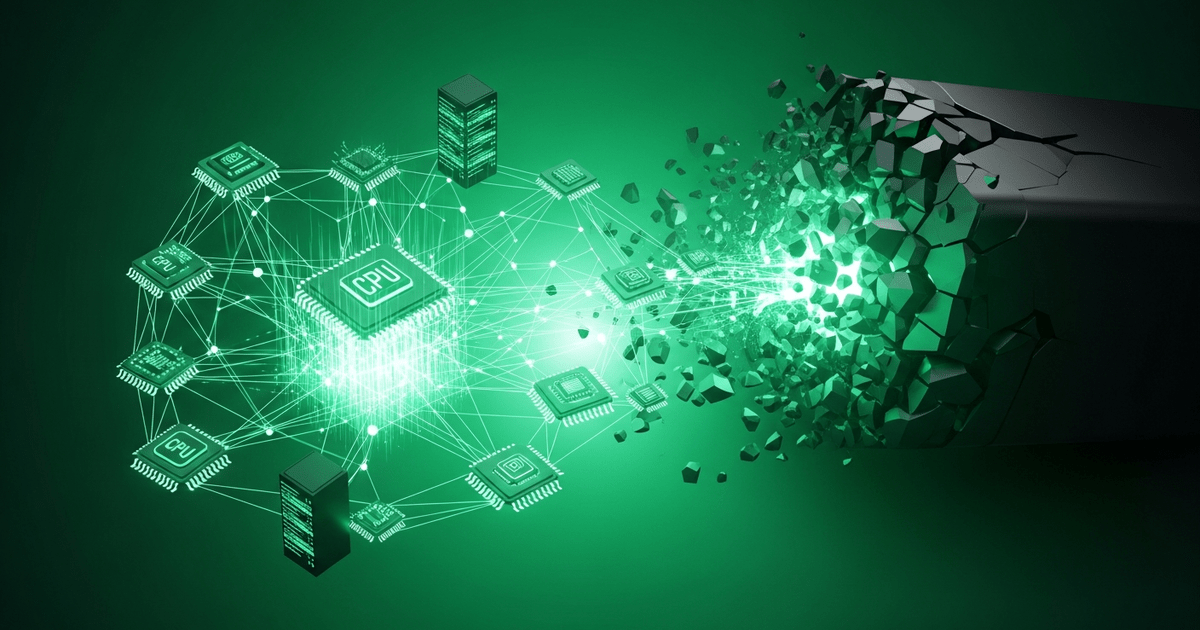 Glowing software layer connecting many different semiconductor chips, symbolizing a hardware-agnostic AI compute stack