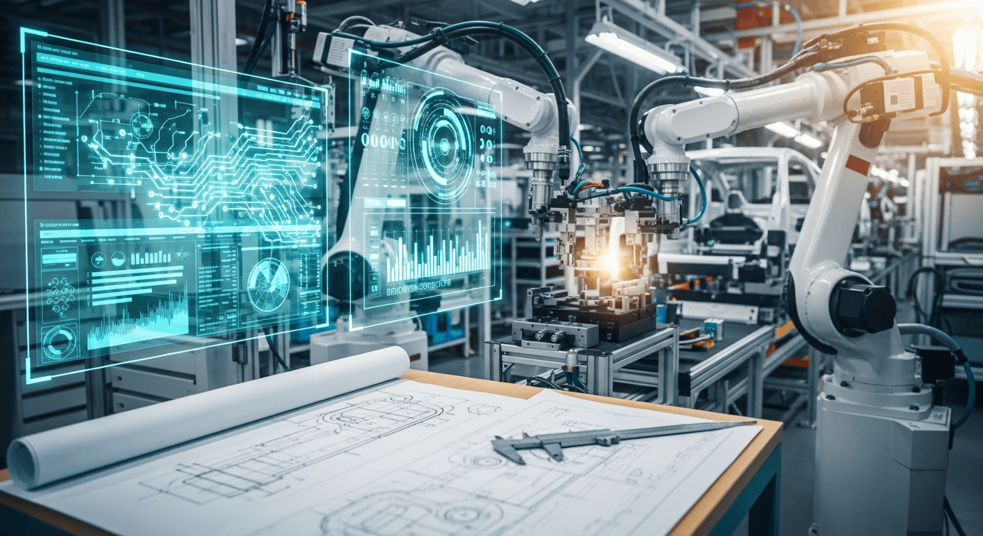 Human engineers and AI automation working together on a car assembly line with blueprints and quality-control dashboards