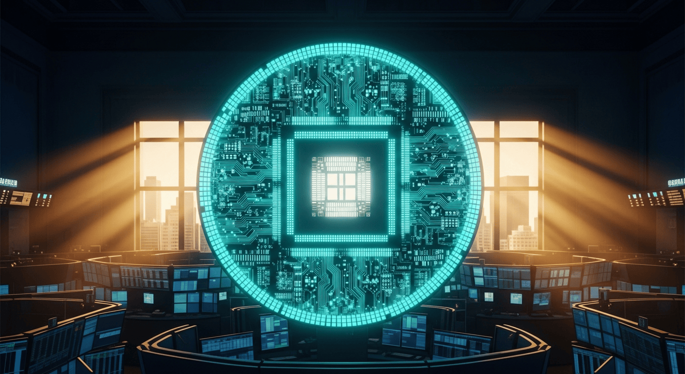 Wafer-scale AI chip glowing above a stock exchange trading floor
